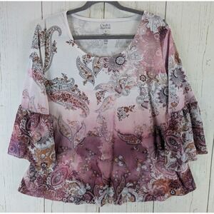 Croft Barrow Plus Size 1X Womens‎ Multicolor Floral Rhinestone 3/4 Sleeve  Top